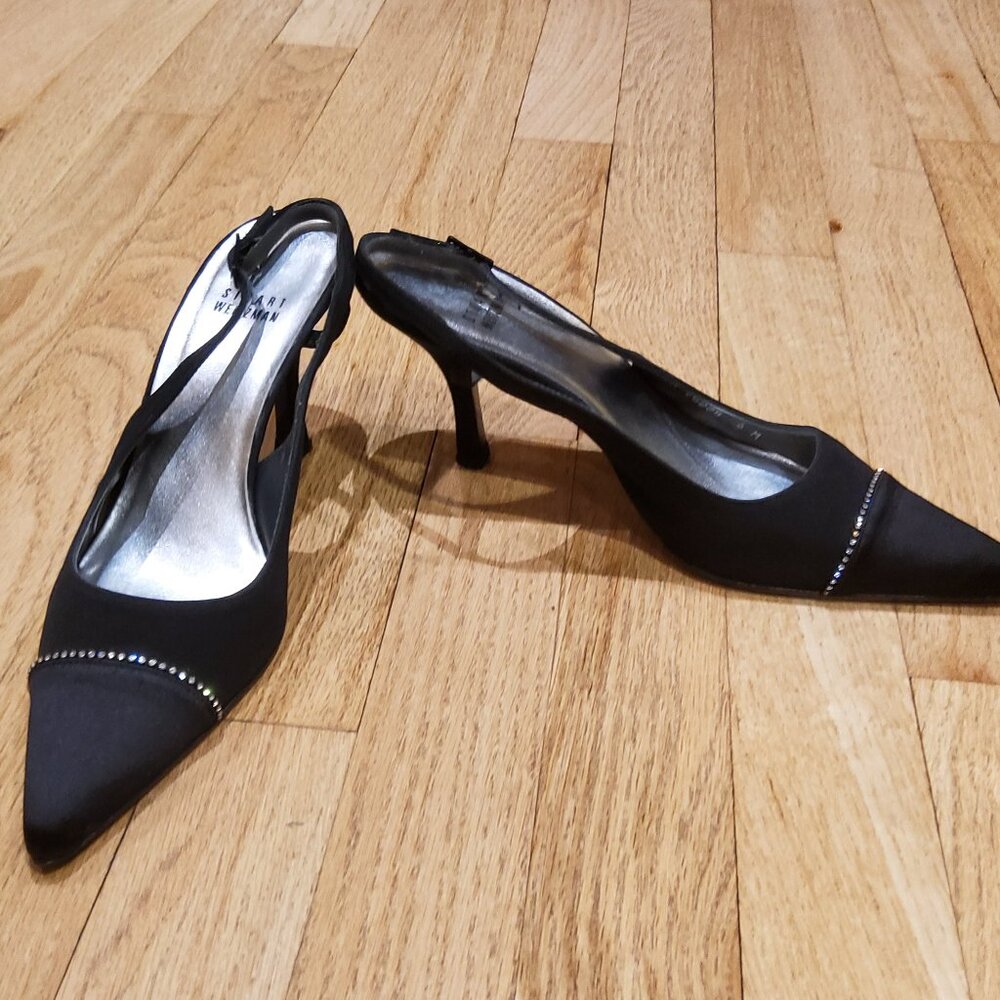 Stuart Weitzman Women's 3" Heels Pump Black Fabric Shoes Slingback with crystals